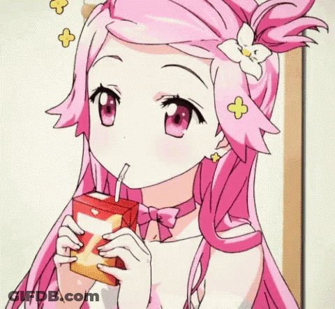 Pink-Haired Girl Drinking From Box With Straw GIF