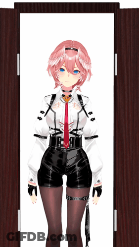 Pink-Haired Girl In Black Shorts At Door GIF