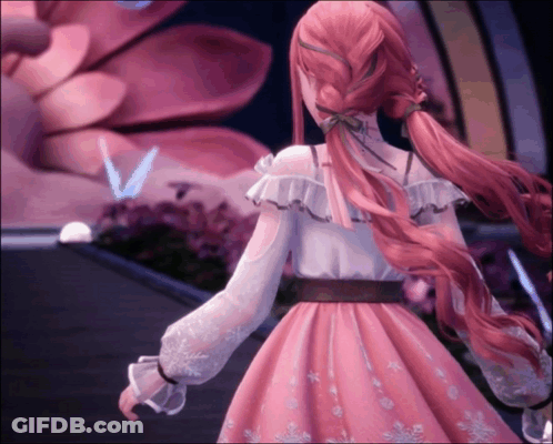 Pink-Haired Girl In Pink Ruffled Dress GIF