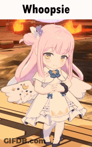 Pink-Haired Girl In White Dress By Fire Saying Whoopsie GIF