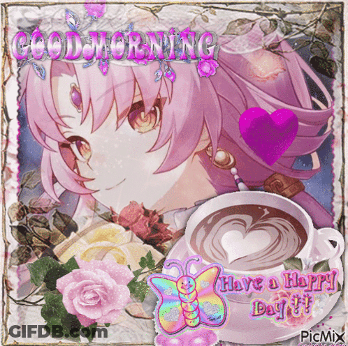 Pink-Haired Girl With Coffee Cup Says Good Morning GIF
