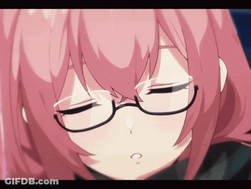 Pink-Haired Girl With Glasses And Question Mark In Mouth GIF