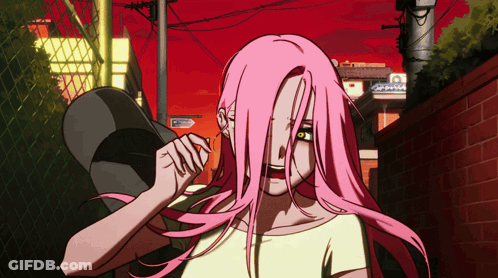 Pink-Haired Woman Holding Hat Near Aoyama Sign GIF