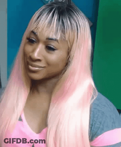 Pink-Haired Woman In Gray Shirt Smiling Funny Face GIF