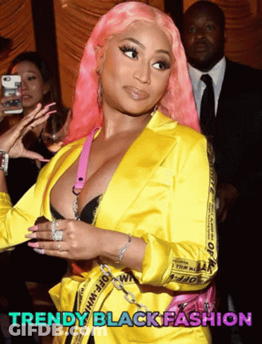 Pink-Haired Woman In Yellow Jacket Saying Trendy Black Fashion GIF