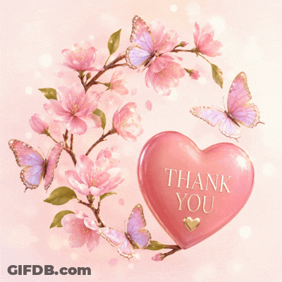Pink Heart Saying Thank You Surrounded By Flowers GIF