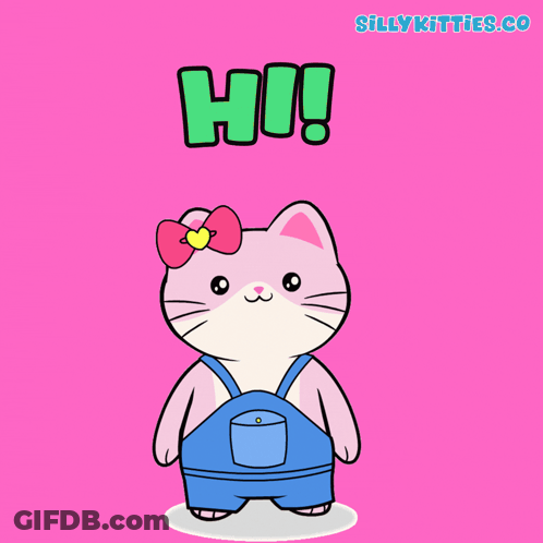 Pink Hello Kitty In Blue Overalls Saying Hi GIF