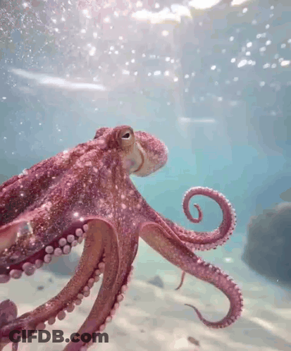 Pink Octopus Swimming In Ocean Looking At Camera GIF