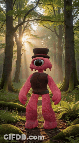 Pink One-Eyed Monster Standing In Forest GIF