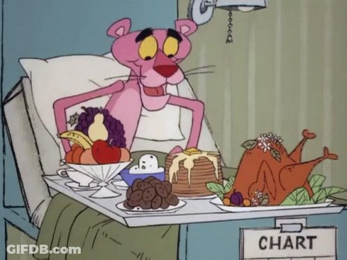 Pink Panther In Hospital Bed With Food Tray And Chart Sign GIF