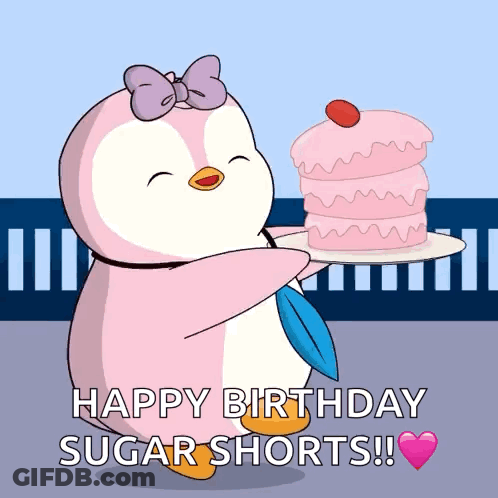 Pink Penguin Holding Cake Saying Happy Birthday GIF