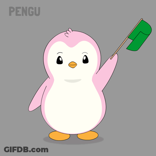Pink Penguin Holding Green Flag With Word Pengu GIF