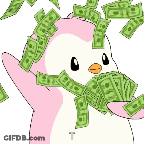 Pink Penguin Holding Stack Of Money GIF