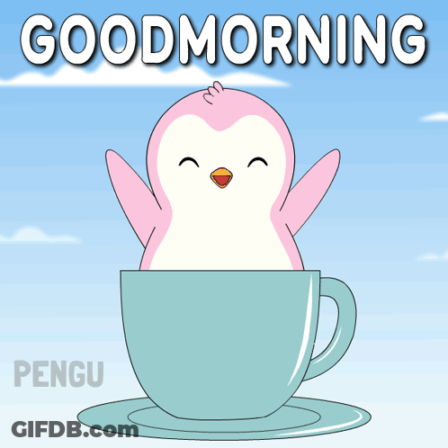 Pink Penguin In Blue Cup Saying Good Morning GIF