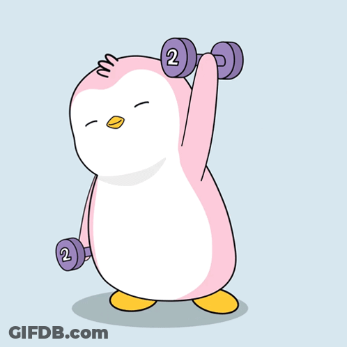 Pink Penguin Lifting Purple Dumbbells GIF