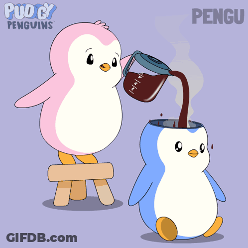 Pink Penguin Pouring Coffee Into Blue Penguin GIF