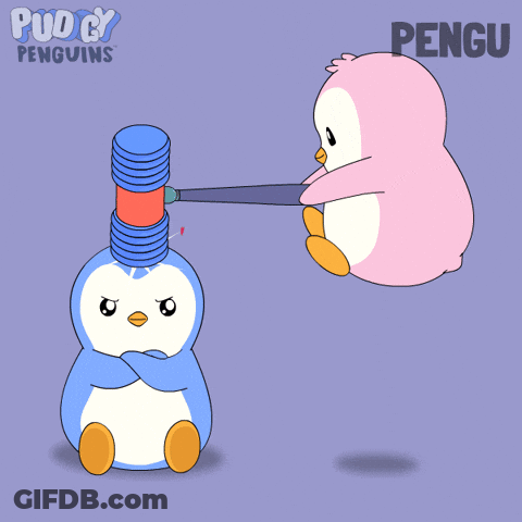 Pink Penguin Pouring Coffee Into Blue Penguin GIF