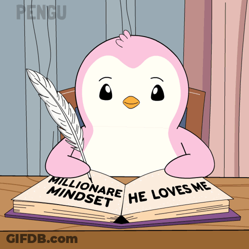 Pink Penguin Reading Millionaire Mindset Book GIF