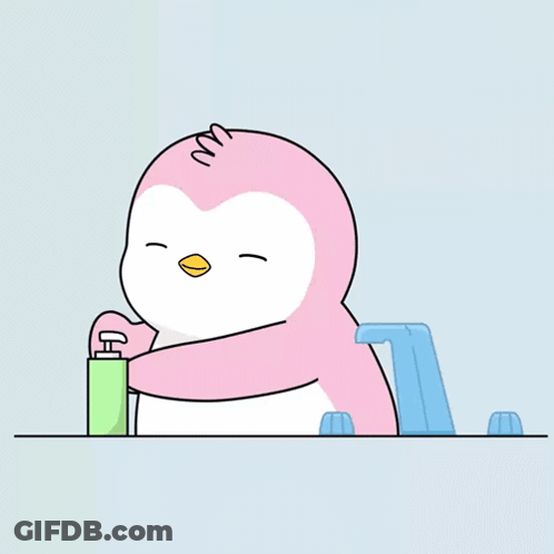 Pink Penguin Washing Face Next To Green Bottle GIF