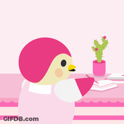 Pink Penguin Writing In Notebook GIF