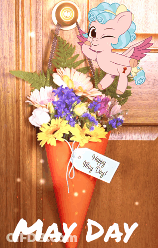 Pink Pony Holding Flowers And May Day Tag GIF