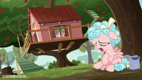 Pink Pony Sitting In Front Of Treehouse GIF