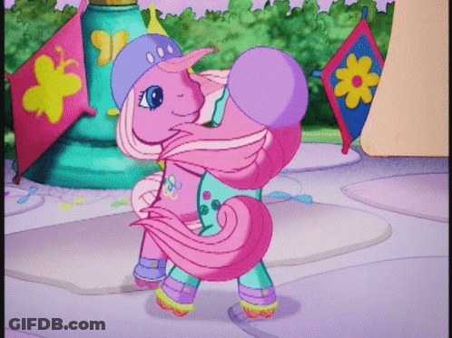 Pink Pony Wearing Roller Skates And Purple Hat GIF