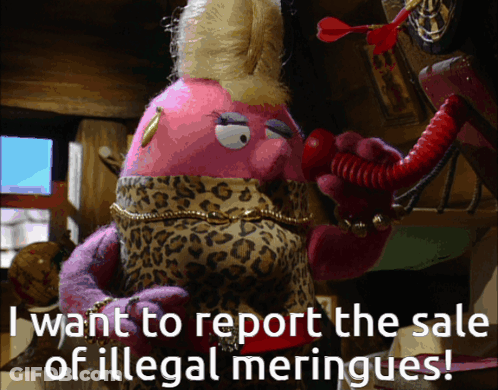 Pink Puppet Talking On Red Phone Saying I Want To Report The Sale Of Illegal Meringues GIF
