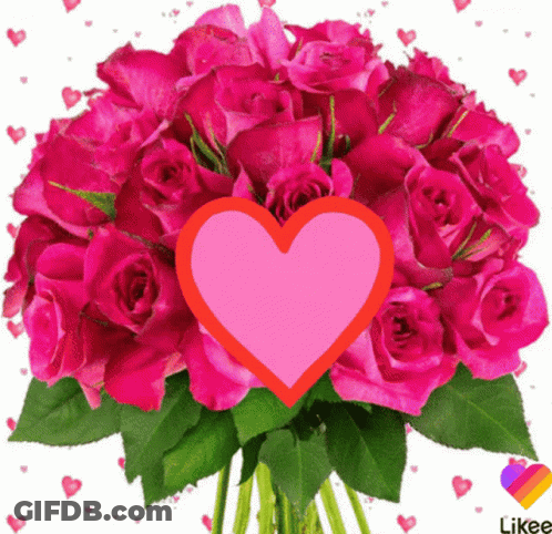 Pink Rose Bouquet With Pink Heart GIF