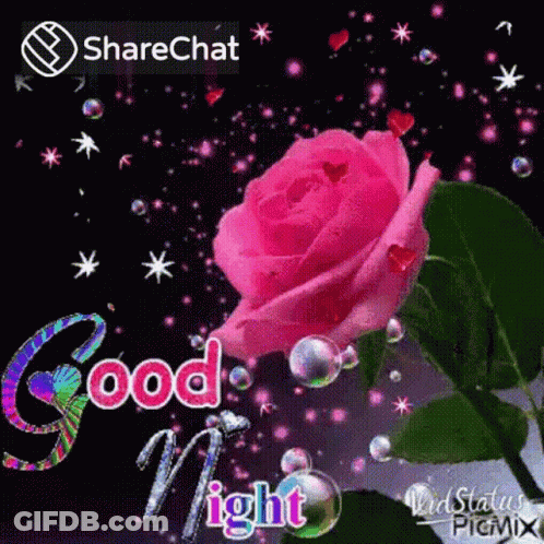 Pink Rose With Bubbles And Stars Says Good Night GIF