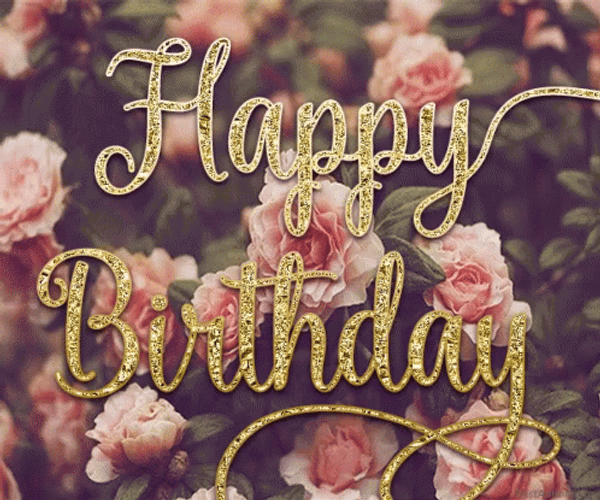 Pink Roses And Gold Glitter Happy Birthday GIF