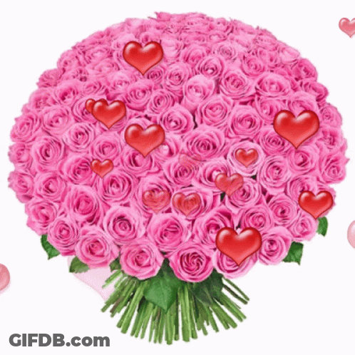 Pink Roses Bouquet With Red Hearts GIF