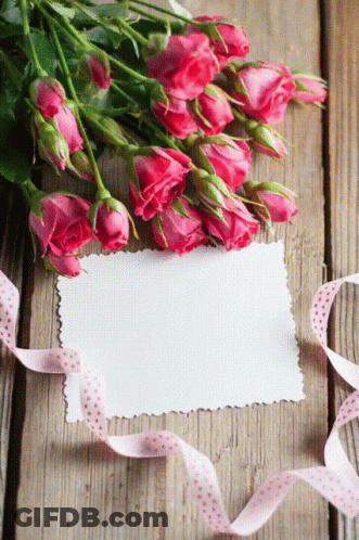Pink Roses On Wooden Table With Card GIF