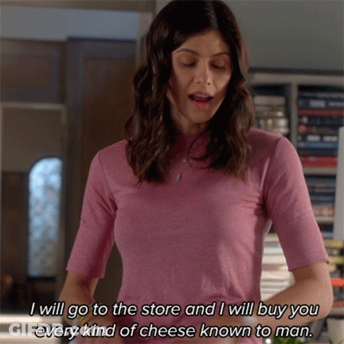 Pink Shirt Woman Promises Every Kind Of Cheese GIF