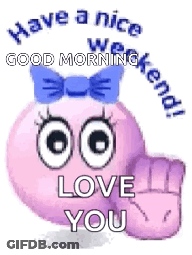Pink Smiley With Blue Bow Saying Have A Nice Weekend GIF