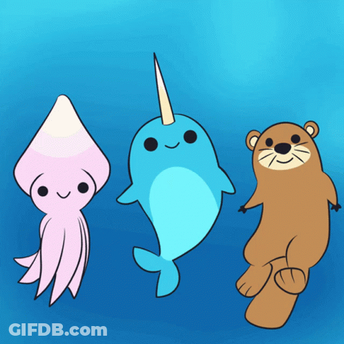 Pink Squid Blue Narwhal Brown Otter In Water GIF