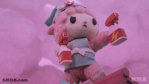 Pink Stuffed Animal Holding Netflix Spray Bottle GIF