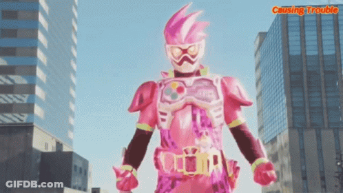 Pink Superhero Causing Trouble In Front Of City GIF