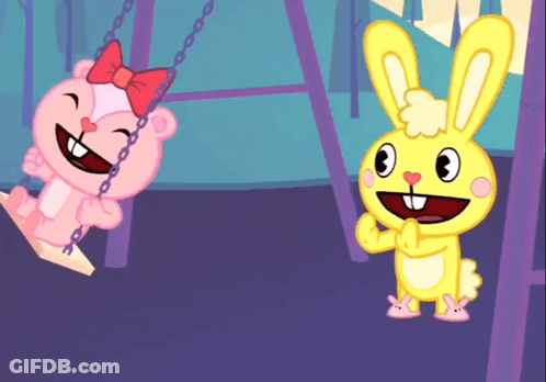 Pink Teddy Bear And Yellow Bunny On Swing GIF