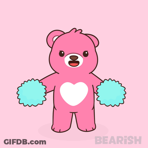 Pink Teddy Bear Cheering With Blue Pom Poms GIF