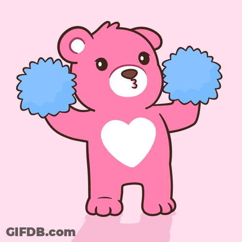 Pink Teddy Bear Holding Blue Pom Poms GIF