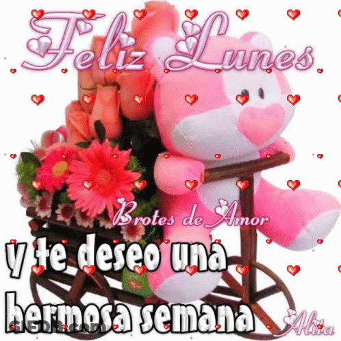 Pink Teddy Bear In Flower Cart Feliz Lunes GIF