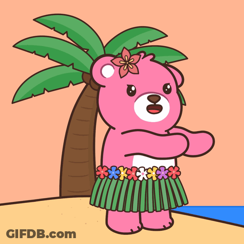 Pink Teddy Bear In Hula Skirt On Beach GIF
