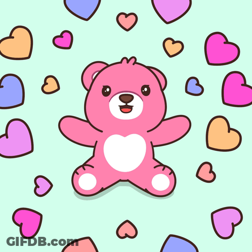 Pink Teddy Bear Surrounded By Pink And Blue Hearts GIF