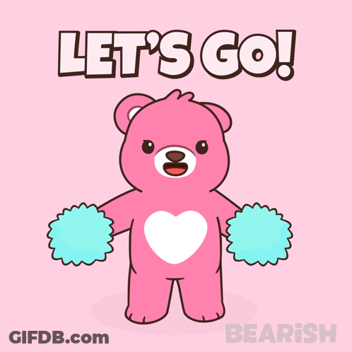 Pink Teddy Bear With Blue Pom Poms Saying Let's Go GIF