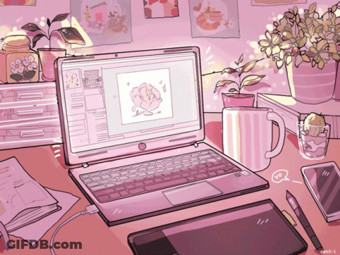 Pink Themed Working Table Setup Anime Aesthetic GIF