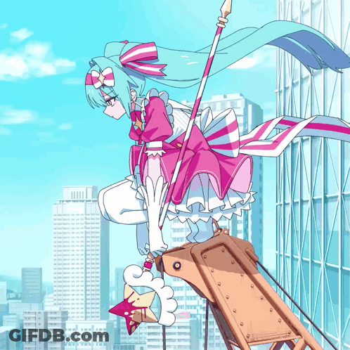 Pink White Dressed Girl On Ladder Skyline GIF