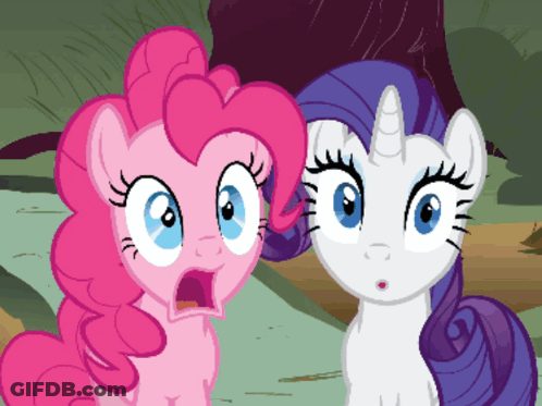 Pinkie Pie And Rarity Are Looking At Each Other With A Surprised Look On Their Faces GIF