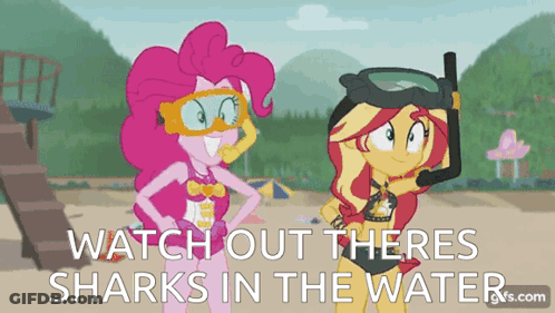 Pinkie Pie And Sunset Shimmer From My Little Pony Equestria Girls Are Standing On The Beach Looking At Sharks In The Wat GIF