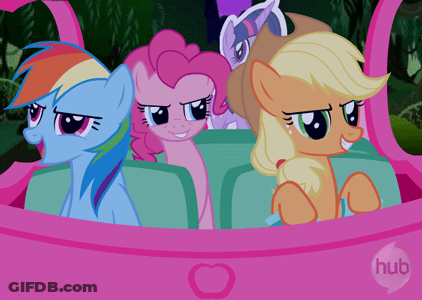 Pinkie Pie Rainbow Dash And Applejack In Pink Car With Hub Logo GIF